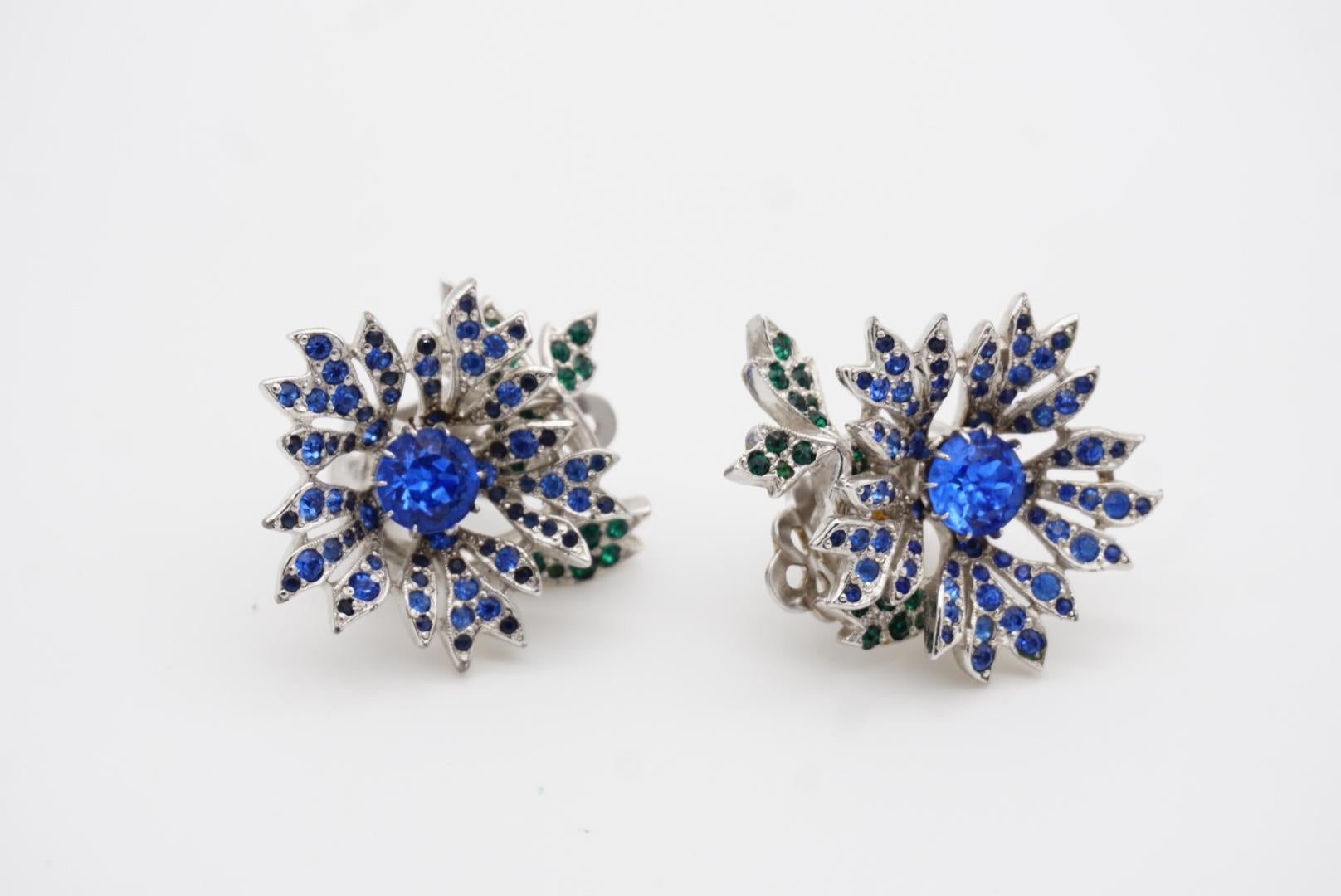 Christian Dior Kramer 1950s Sapphire Emerald Crystals Flower Leaf Clip Earrings 7