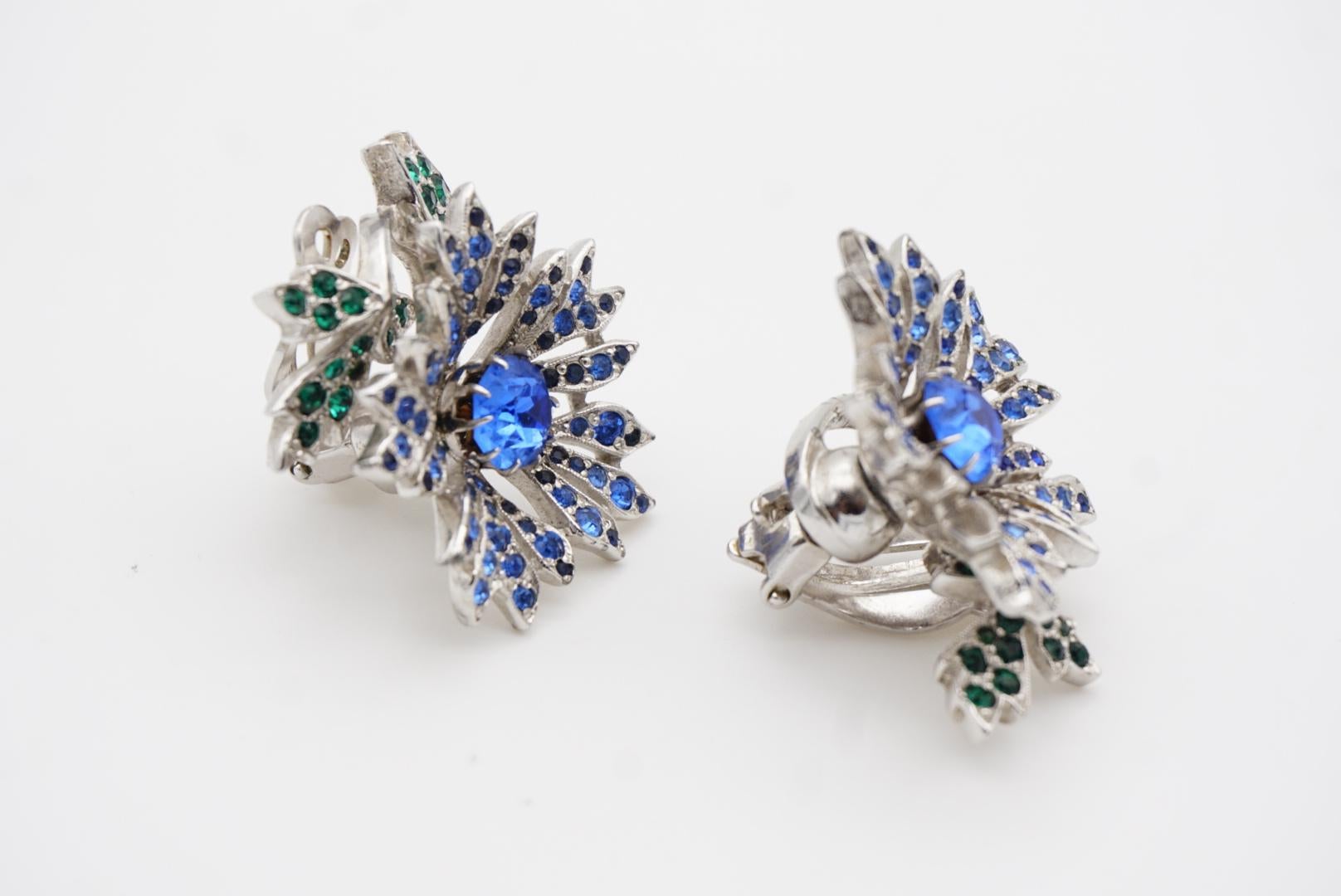 Christian Dior Kramer 1950s Sapphire Emerald Crystals Flower Leaf Clip Earrings 8