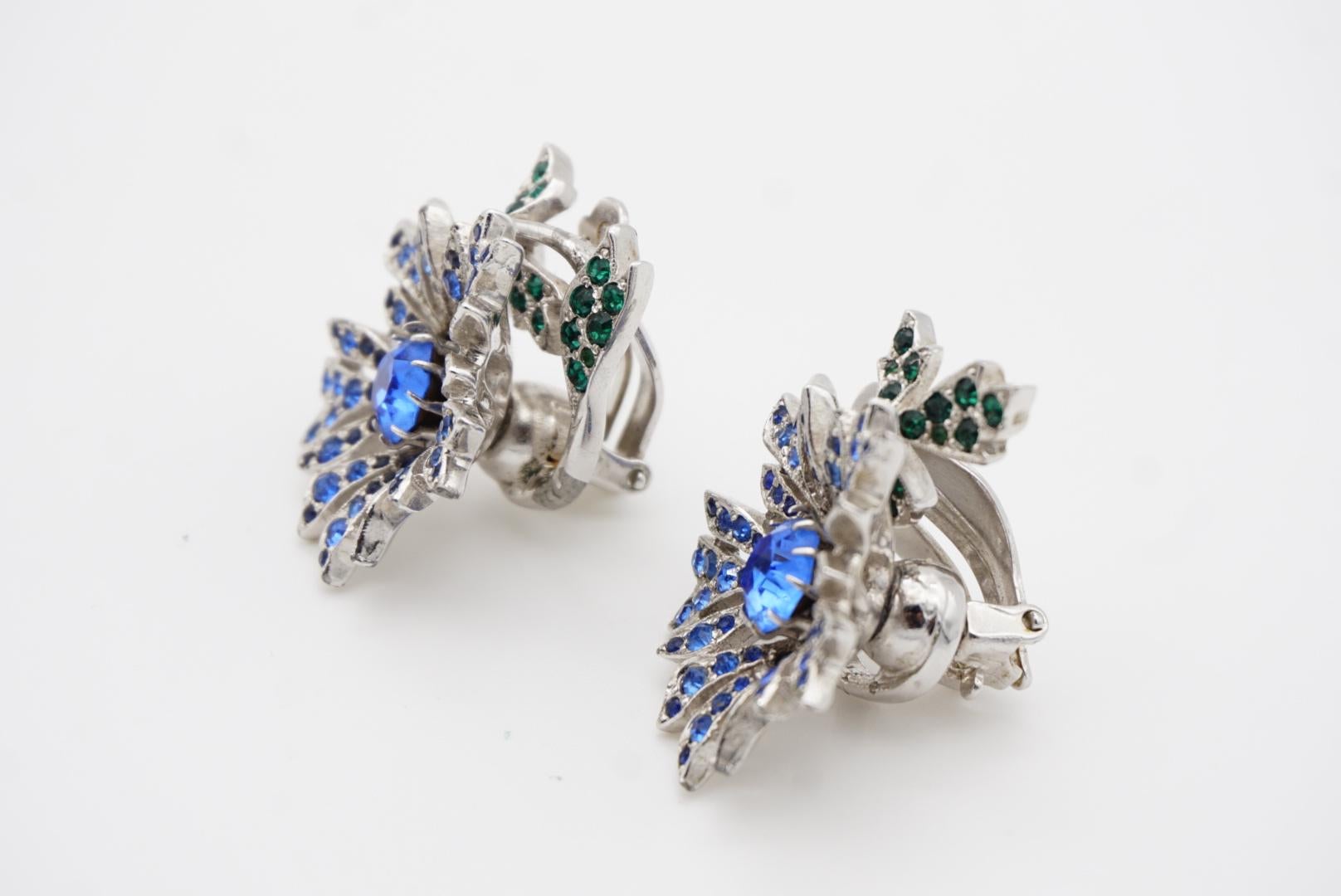 Christian Dior Kramer 1950s Sapphire Emerald Crystals Flower Leaf Clip Earrings 9