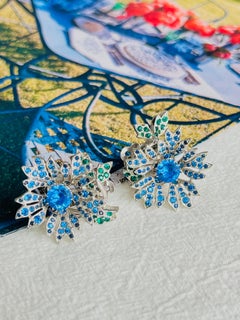 Christian Dior Kramer 1950s Sapphire Emerald Crystals Flower Leaf Clip Earrings