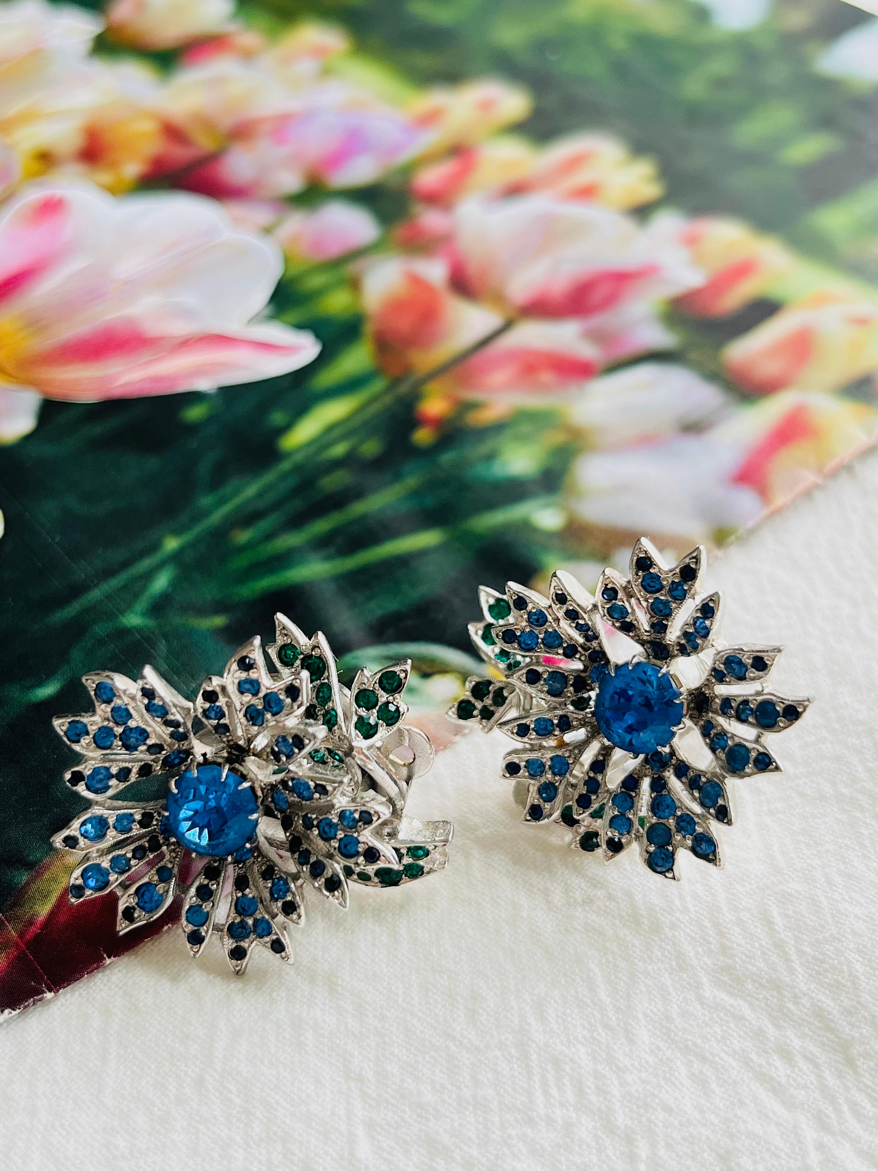 Art Deco Christian Dior Kramer 1950s Sapphire Emerald Crystals Flower Leaf Clip Earrings