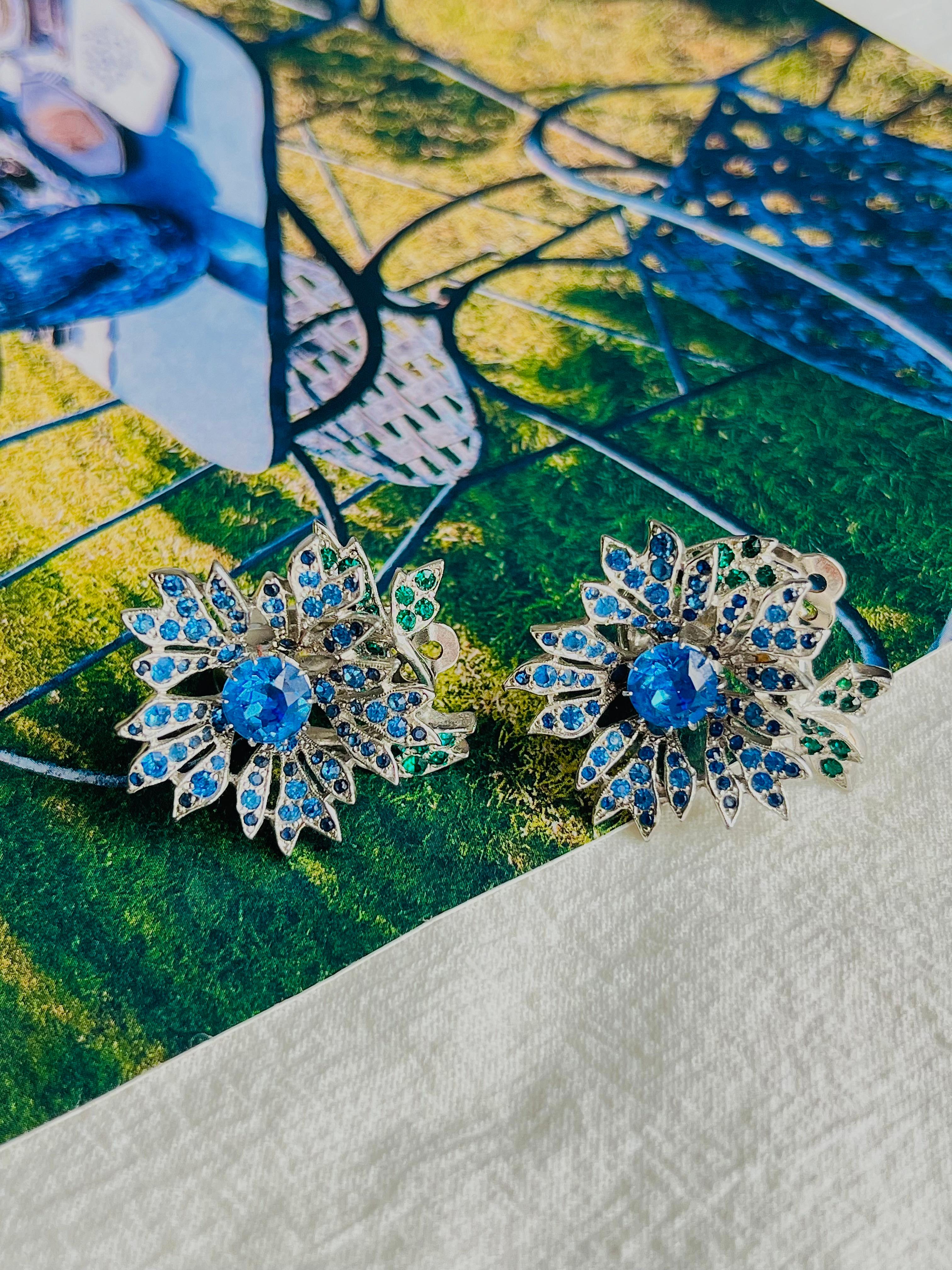 Christian Dior Kramer 1950s Sapphire Emerald Crystals Flower Leaf Clip Earrings 1