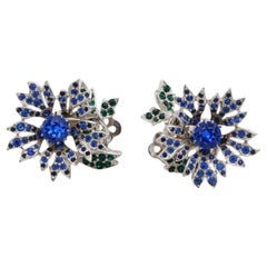 Christian Dior Kramer 1950s Sapphire Emerald Crystals Flower Leaf Clip Earrings
