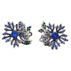 Christian Dior Kramer 1950s Sapphire Emerald Crystals Flower Leaf Clip Earrings