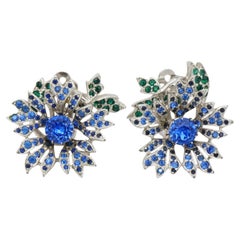 Christian Dior Kramer 1950s Sapphire Emerald Crystals Flower Leaf Clip Earrings