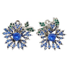Christian Dior Kramer 1950s Sapphire Emerald Crystals Flower Leaf Clip Earrings
