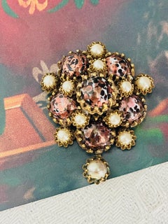 Christian Dior Kramer for Christian Dior 1950s White Pearls Black Dark Red Leopard Cabochon Brooch