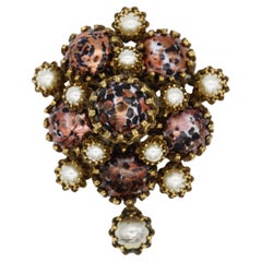 Christian Dior Kramer 1950s White Pearls Black Dark Red Leopard Cabochon Brooch