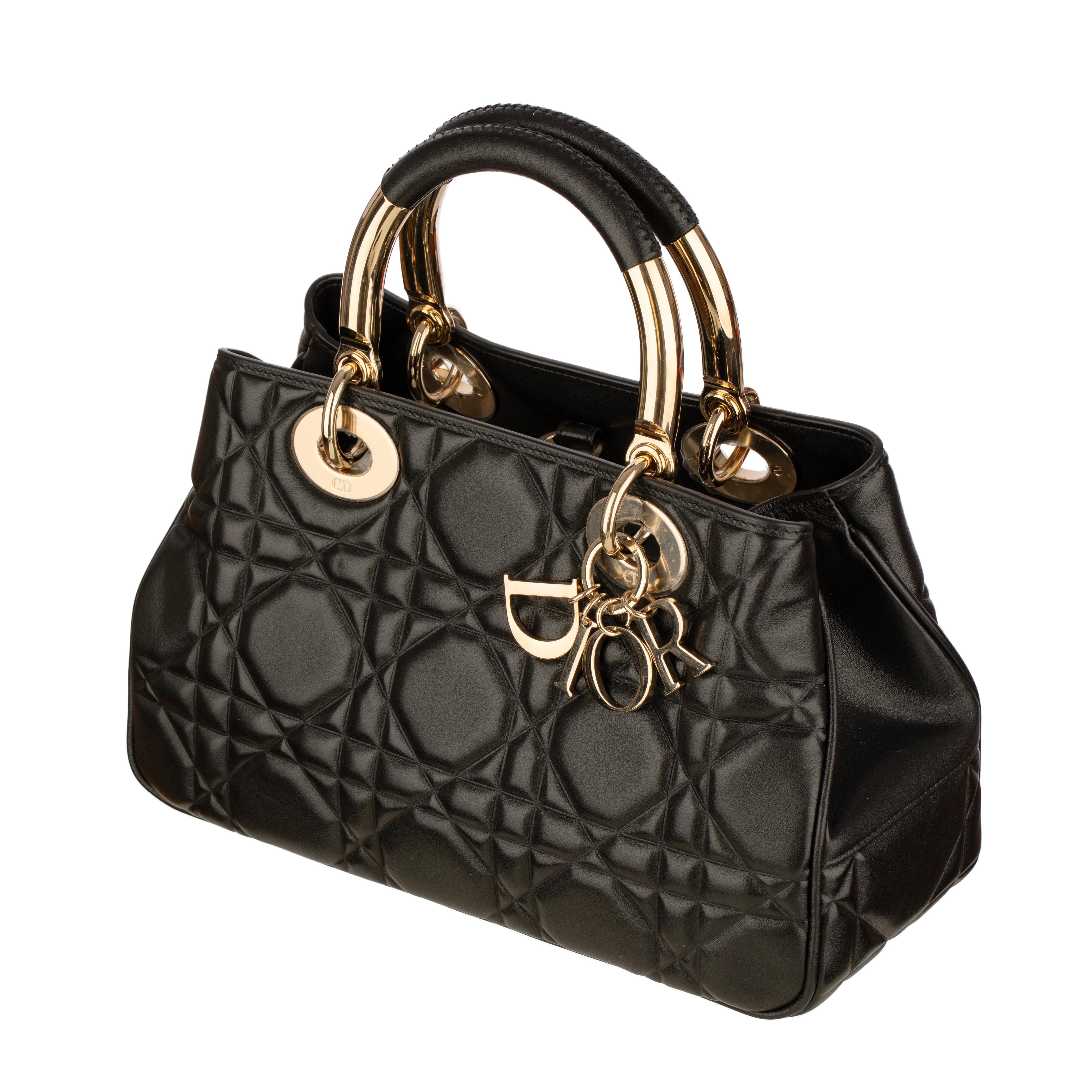 Women's or Men's Christian Dior Lady 95.22 Medium Top Handle Bag in Black Cannage Lambskin with G For Sale