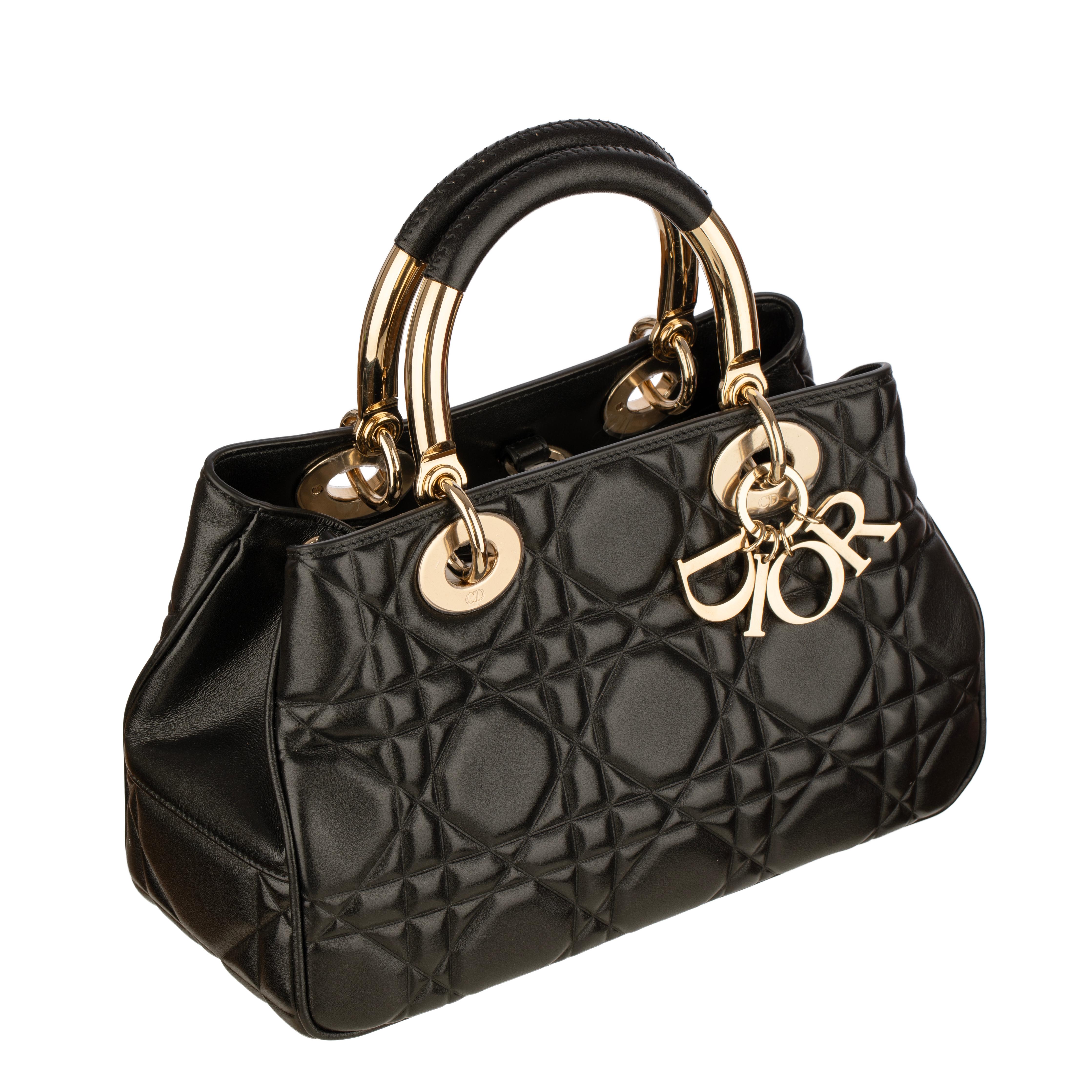 Christian Dior Lady 95.22 Medium Top Handle Bag in Black Cannage Lambskin with G For Sale 1