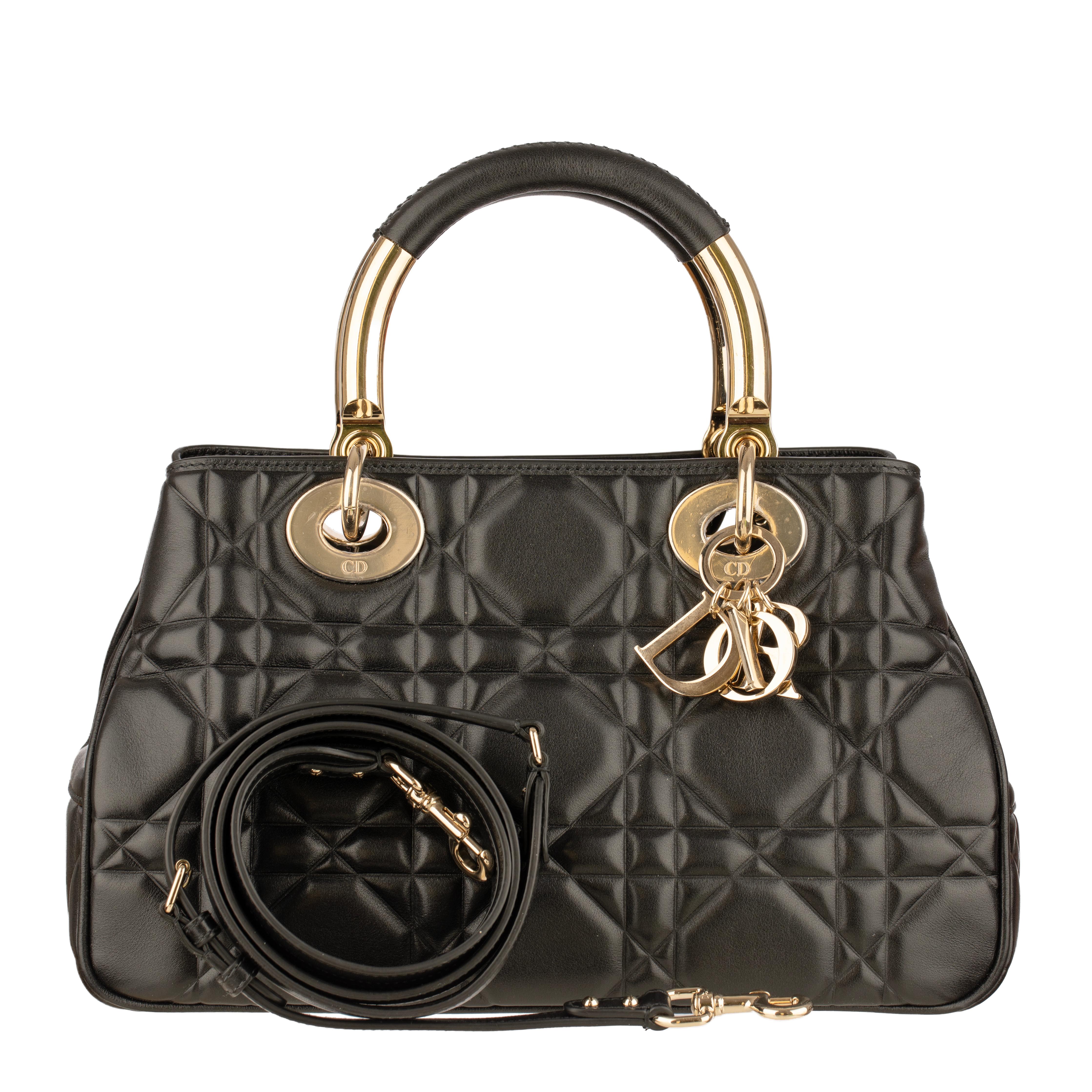 Christian Dior Lady 95.22 Medium Top Handle Bag in Black Cannage Lambskin with G For Sale 2