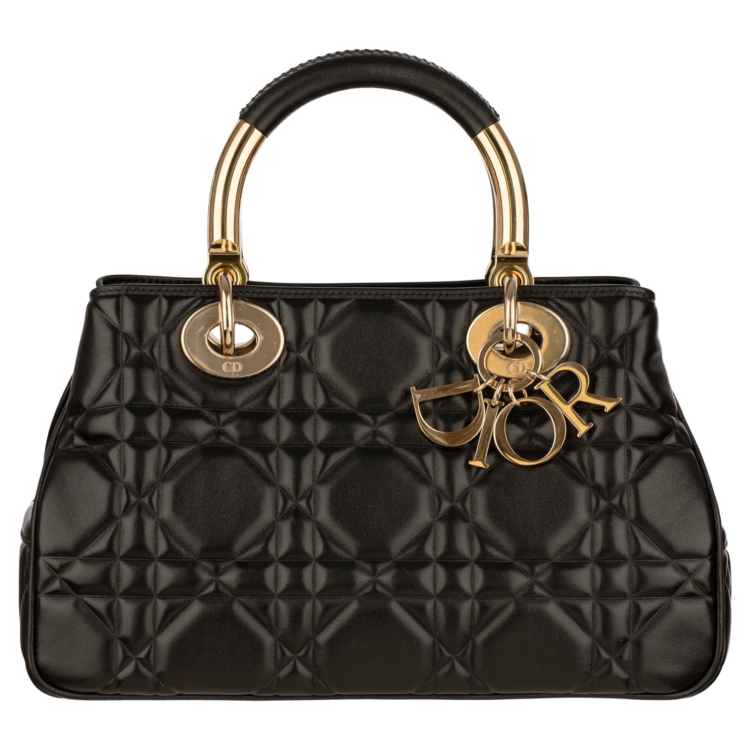 Christian Dior Lady 95.22 Medium Top Handle Bag in Black Cannage Lambskin with G For Sale