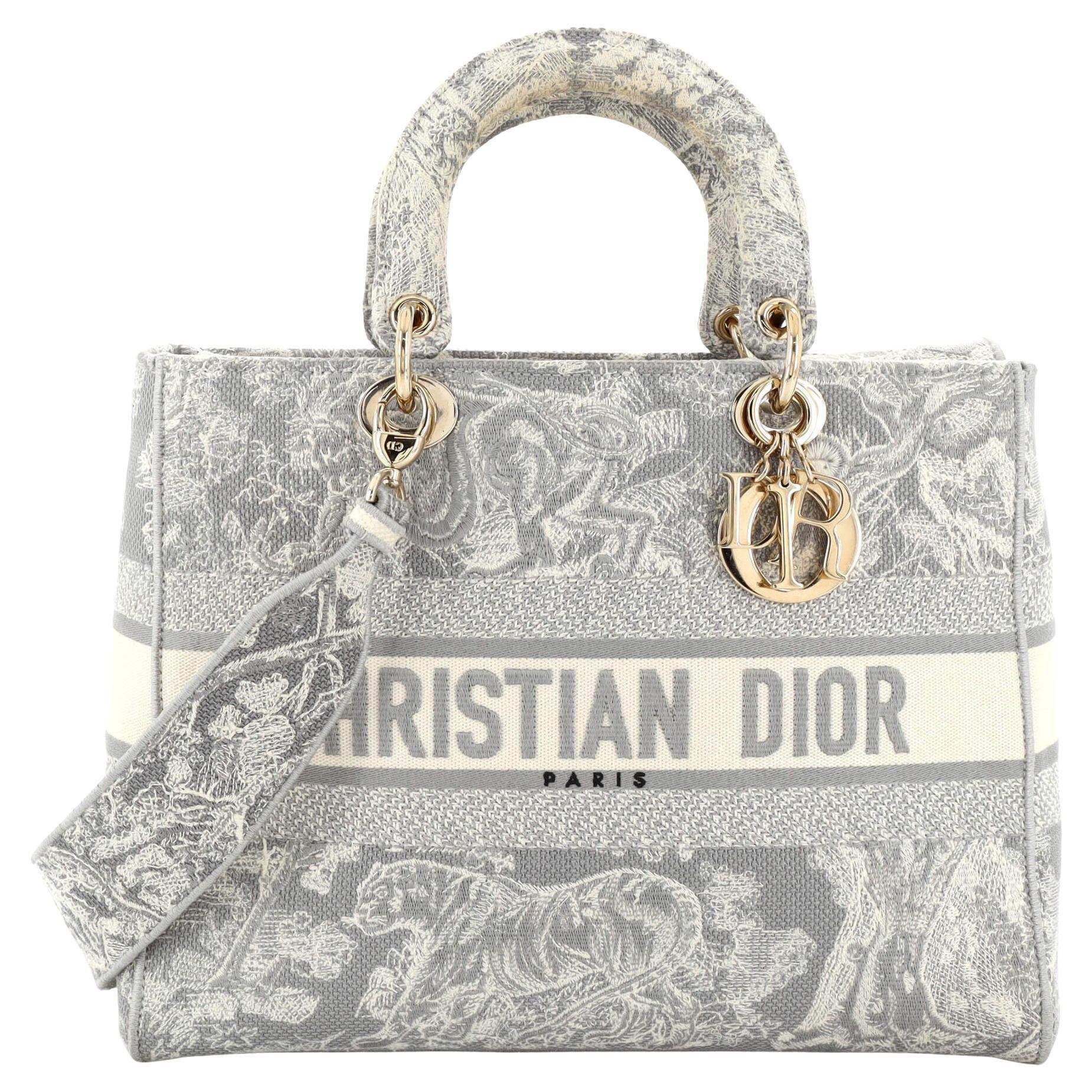 Christian Dior Lady D-Lite Bag Embroidered Canvas Large For Sale