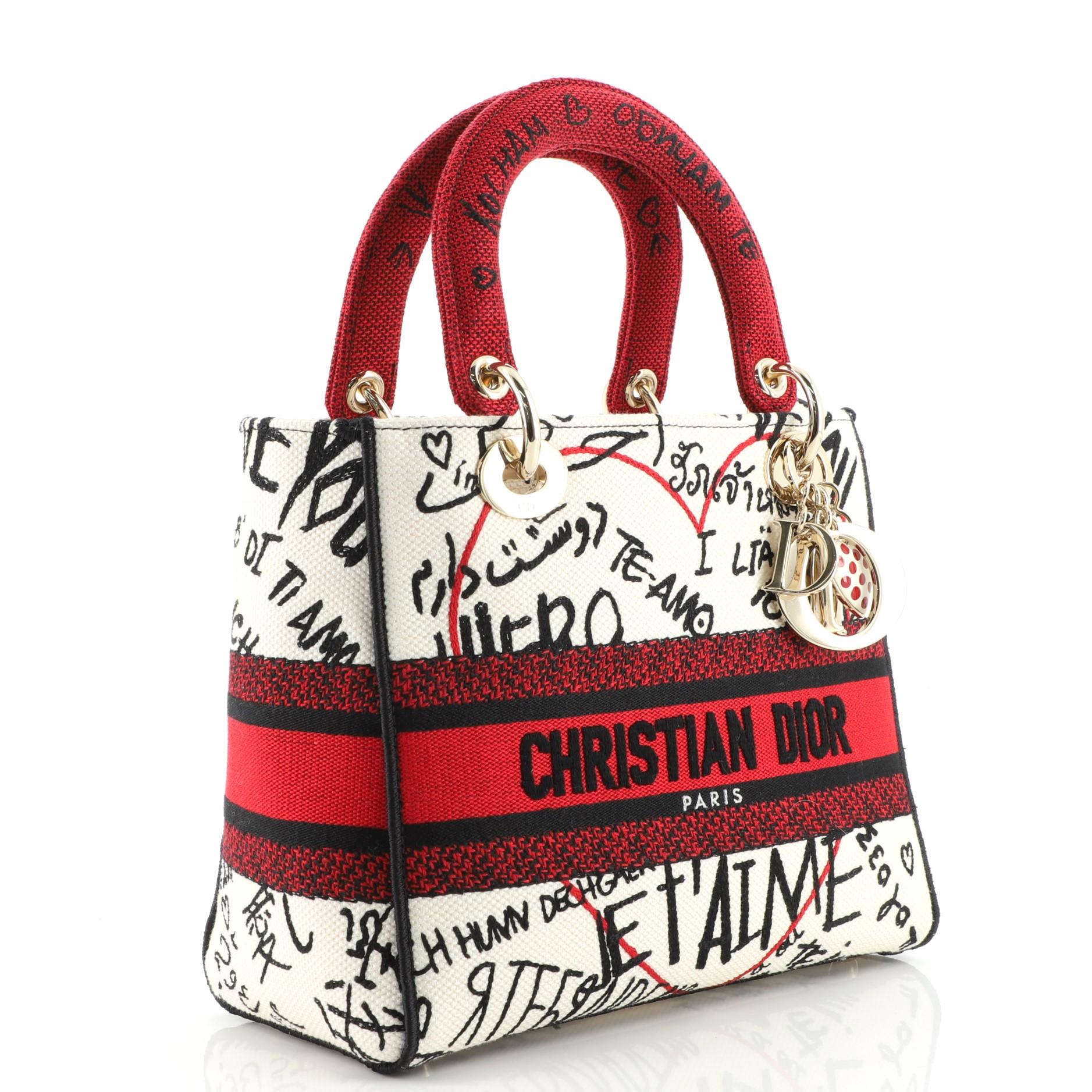 Beige Christian Dior Lady D-Lite Borsa in tela ricamata Media
