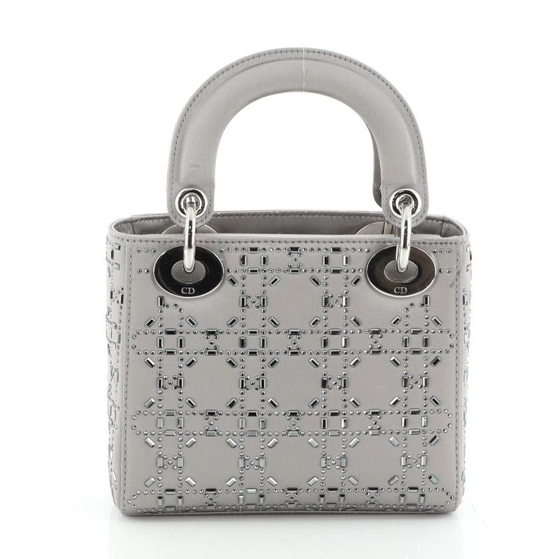 Gris Mini sac Christian Dior Lady Dior cannage matelassé en satin orné de cristaux