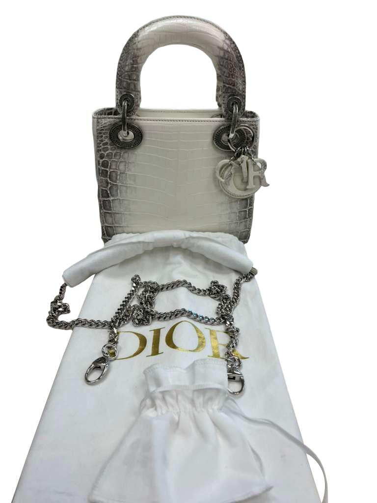 Ce modèle est un authentique CHRISTIAN DIOR Niloticus Crocodile Himalaya Crystal Small Lady Dior en blanc. Ce superbe fourre-tout est magnifiquement réalisé en cuir de crocodile d'un blanc crémeux. Le sac est doté de poignées supérieures en cuir