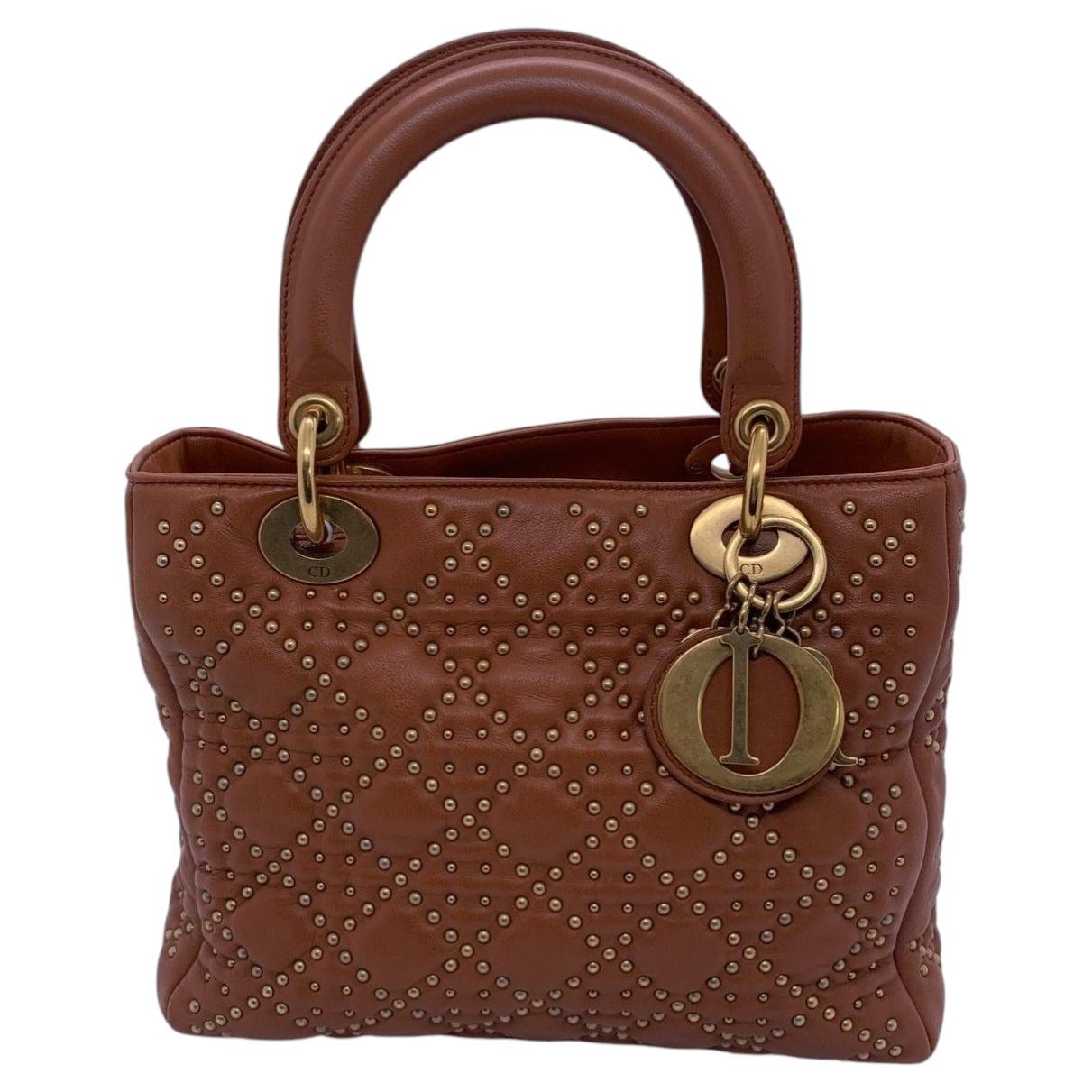 Christian Dior Lady Dior Bag Studded Brown Lambskin Leather For Sale
