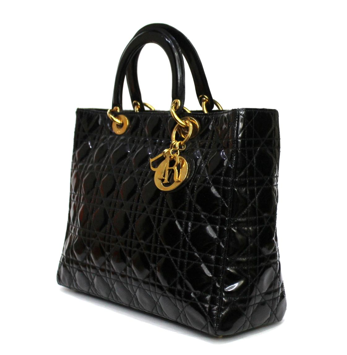 Christian Dior Lady Dior Black Patent Top Handle Bag 2