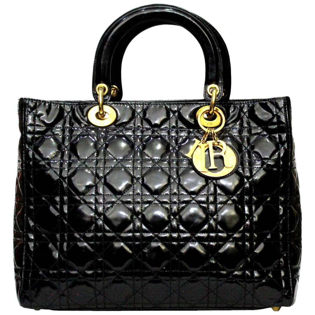 Christian Dior Lady Dior Black Patent Top Handle Bag