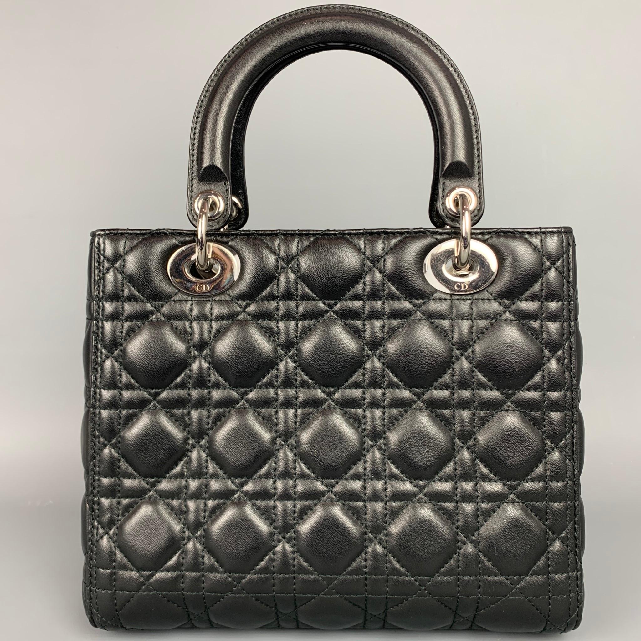 CHRISTIAN DIOR Lady Dior Black Quilted Lamb Leather Medium Handbag In Good Condition In San Francisco, CA