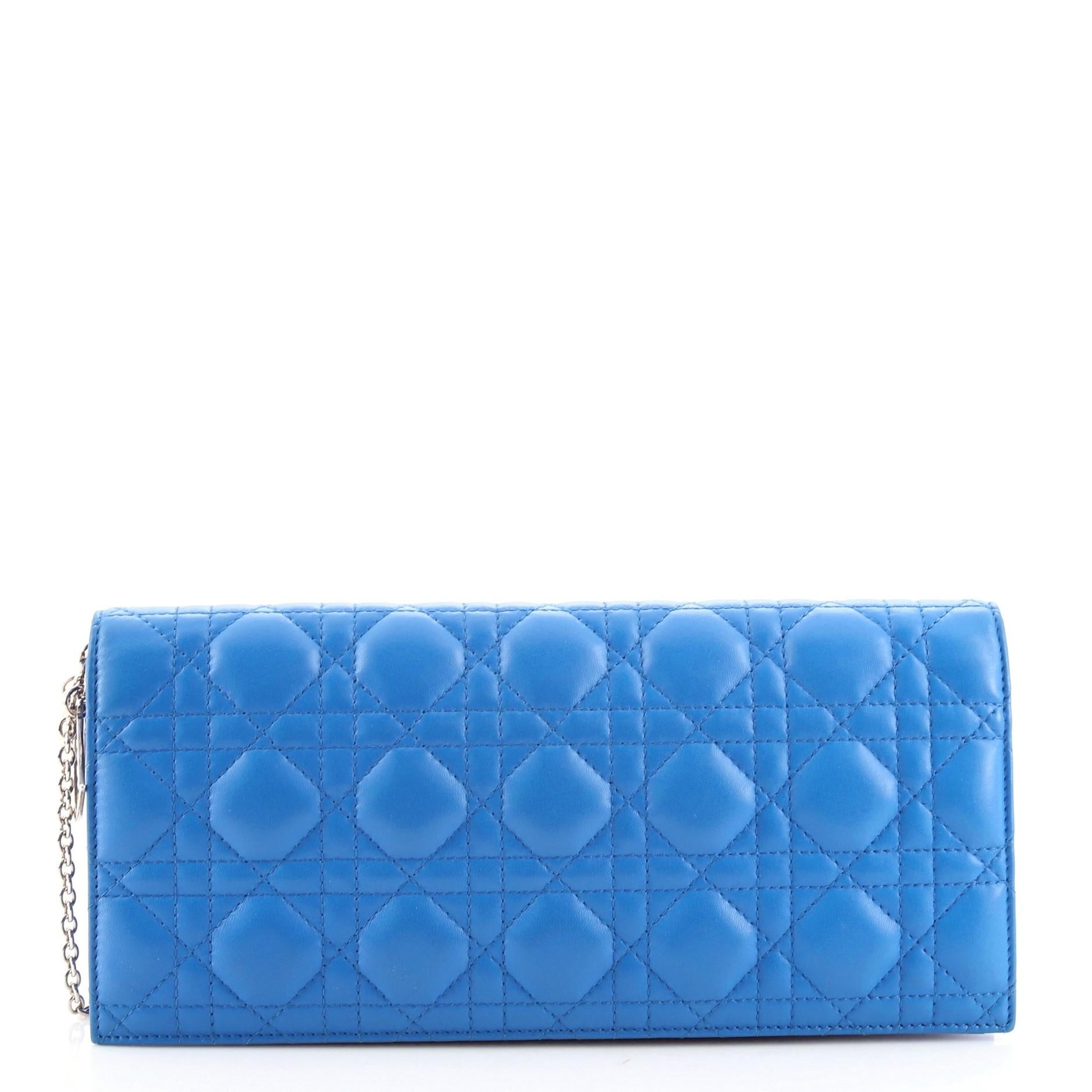 Blue Christian Dior Lady Dior Convertible Chain Clutch Cannage Quilt Leather Long