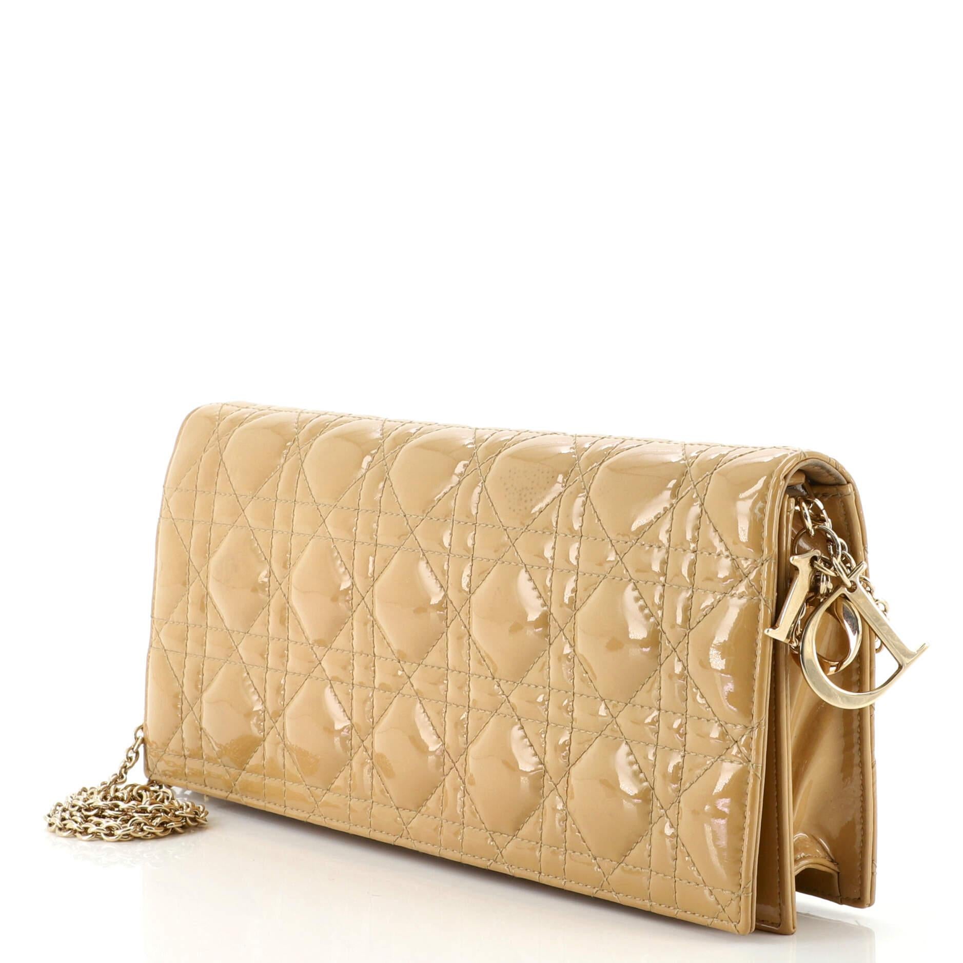 Brown Christian Dior Lady Dior Convertible Chain Clutch Cannage Quilt Patent Lo