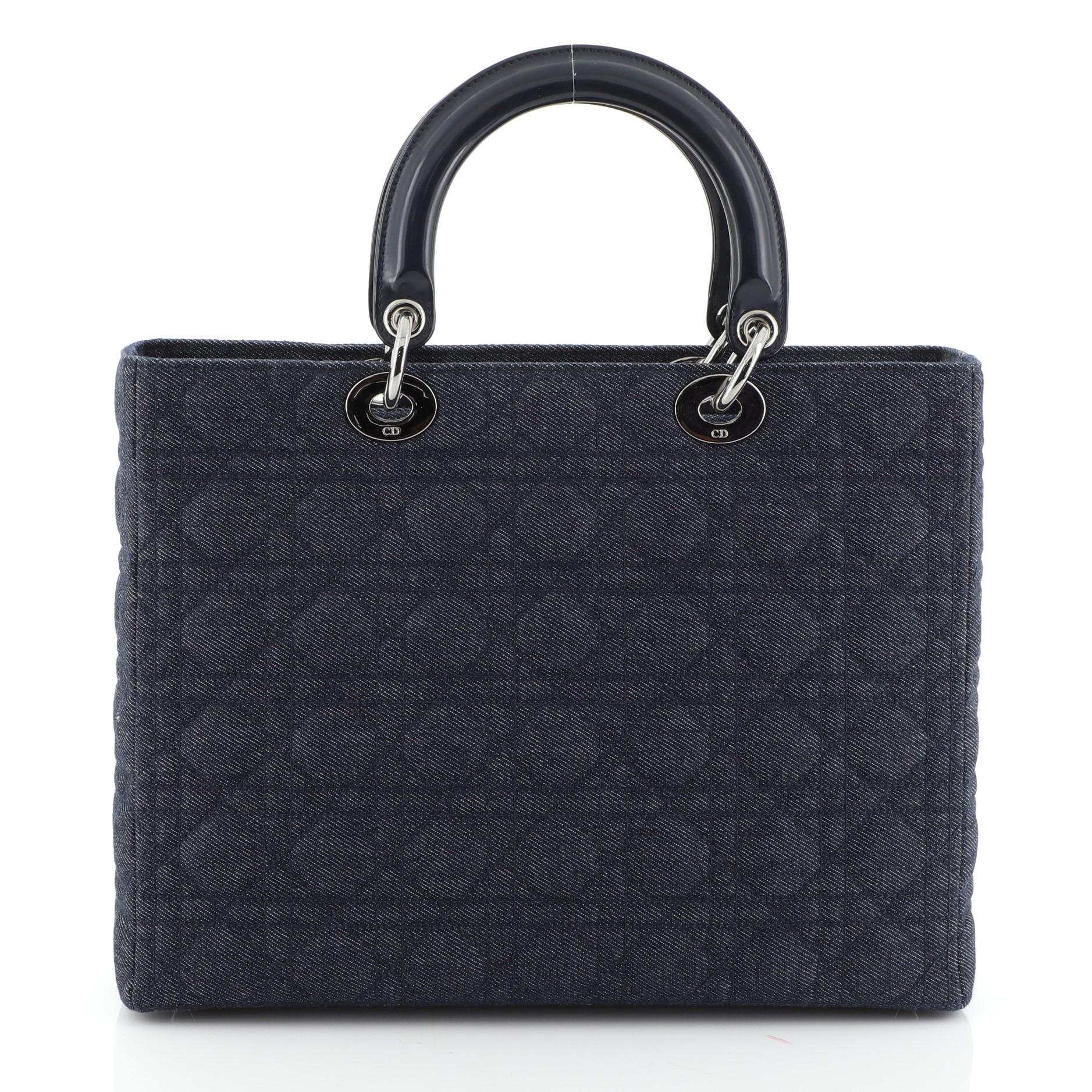 Black Christian Dior Lady Dior Handbag Cannage Quilt Denim Large