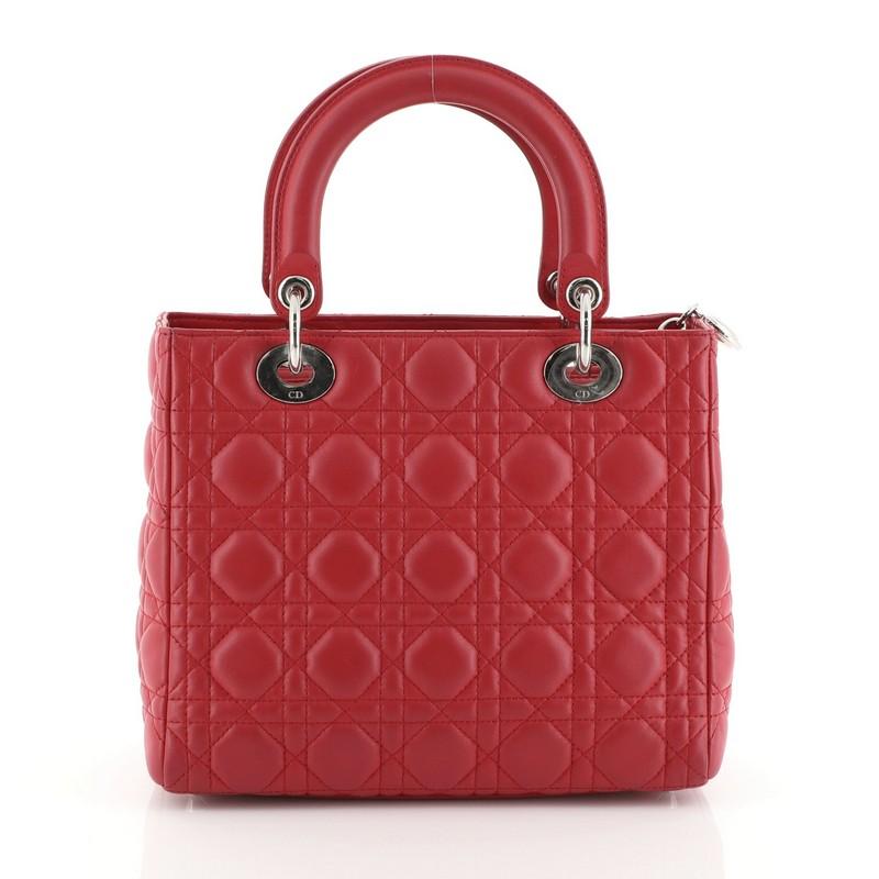 Red Christian Dior Lady Dior Handbag Cannage Quilt Lambskin Medium