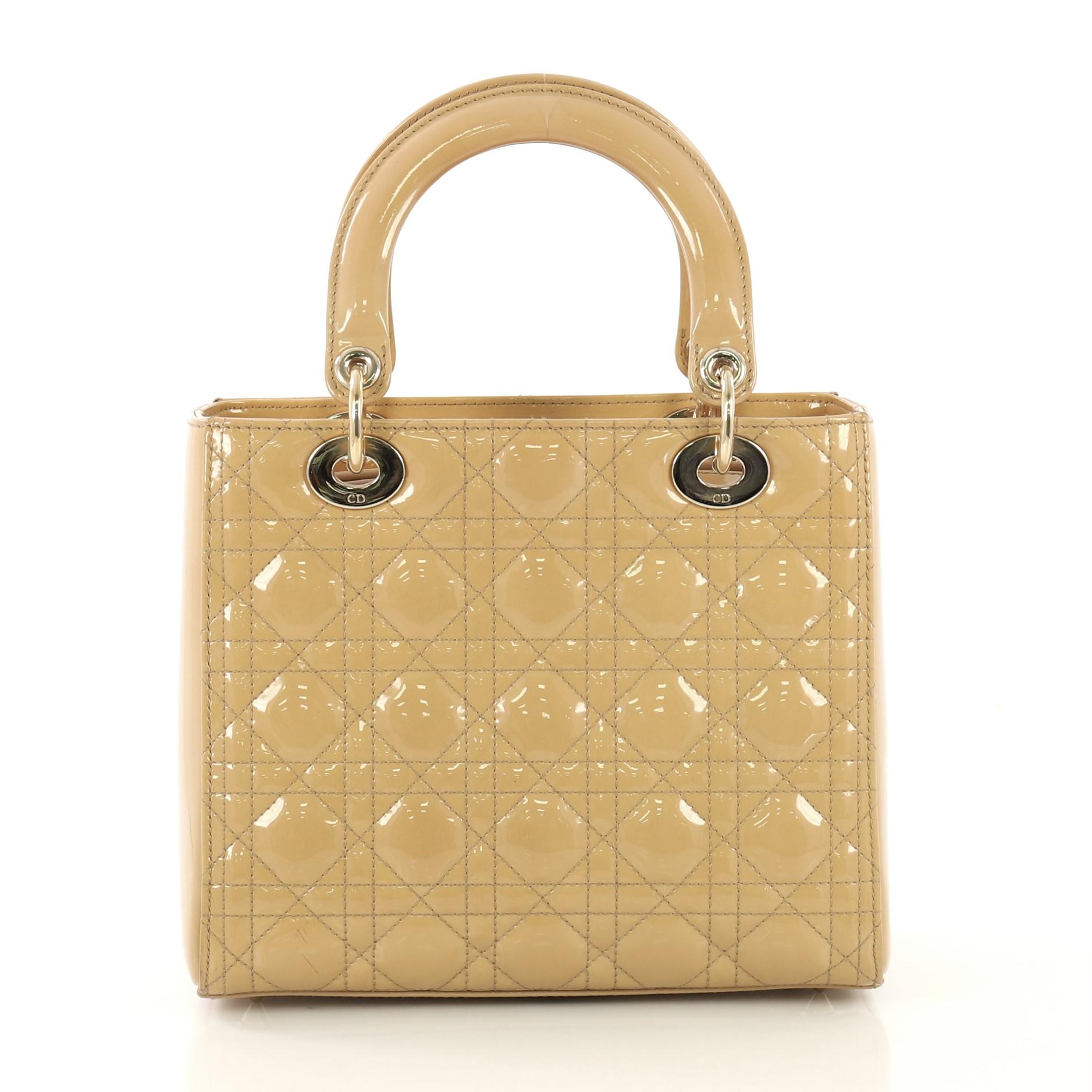 Beige Christian Dior Lady Dior Handbag Cannage Quilt Patent Medium