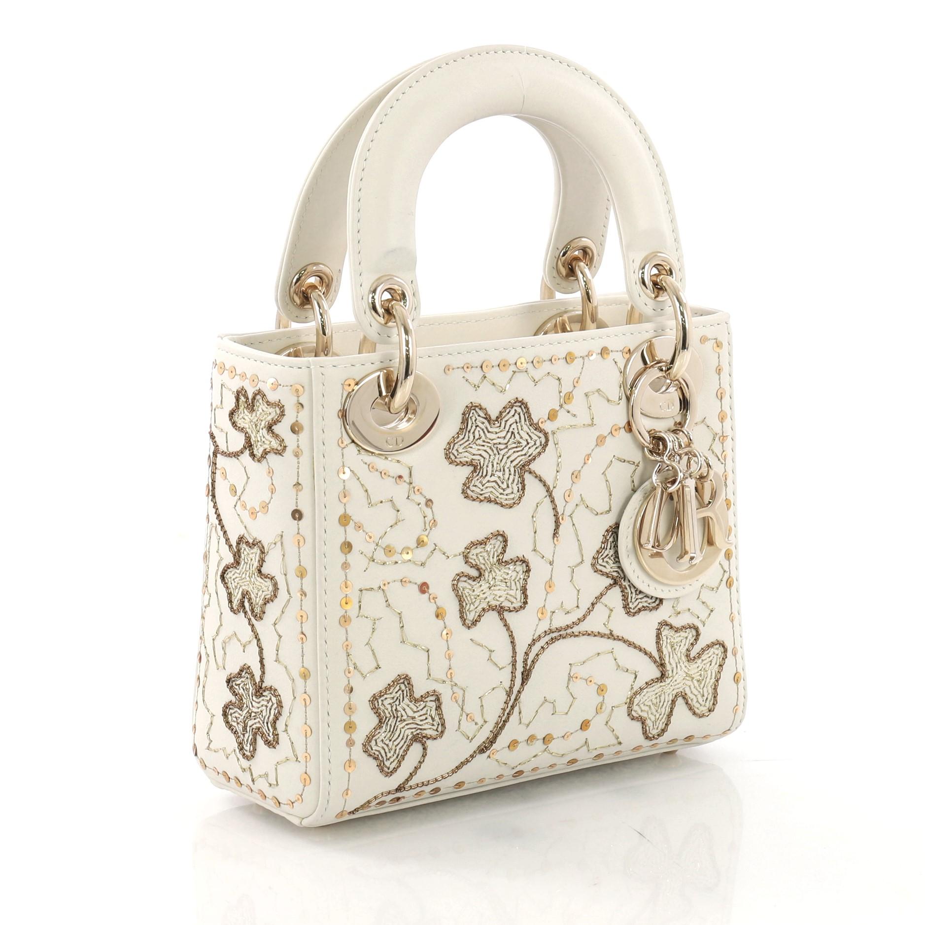 Beige Christian Dior Lady Dior Handbag Embroidered Calfskin Micr