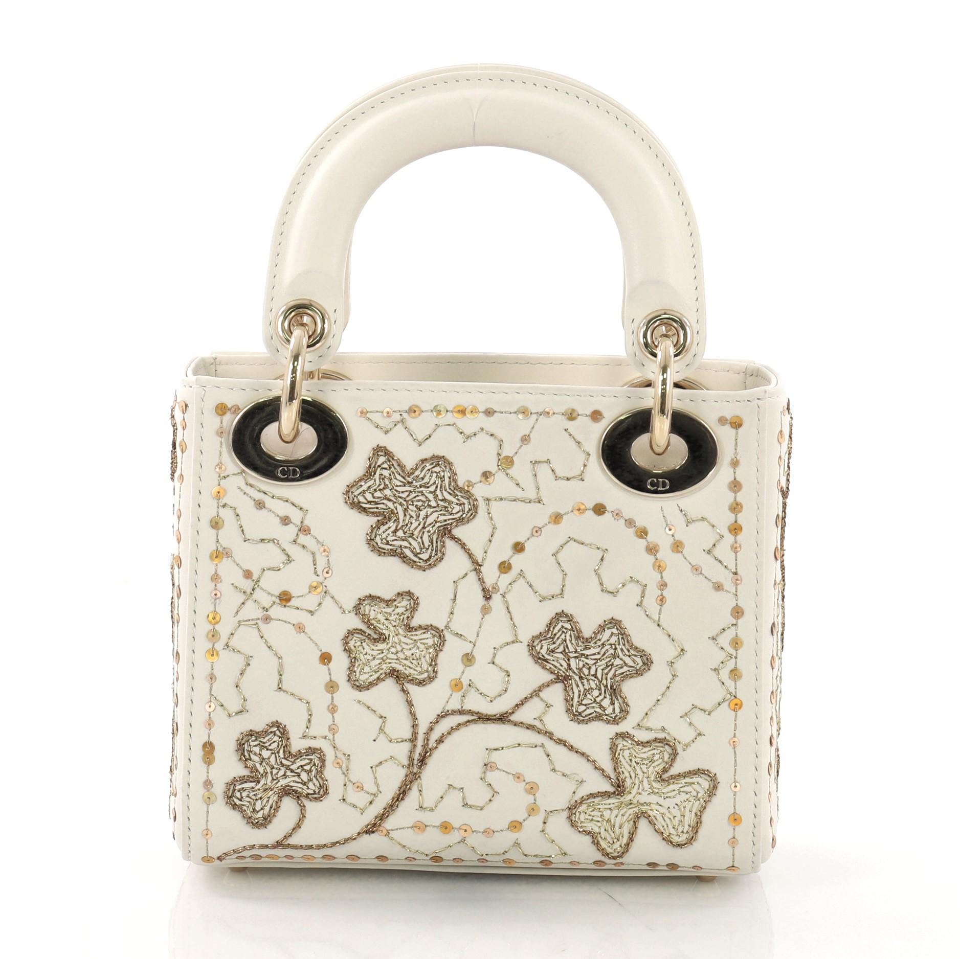 Christian Dior Lady Dior Handbag Embroidered Calfskin Micr In Excellent Condition In NY, NY