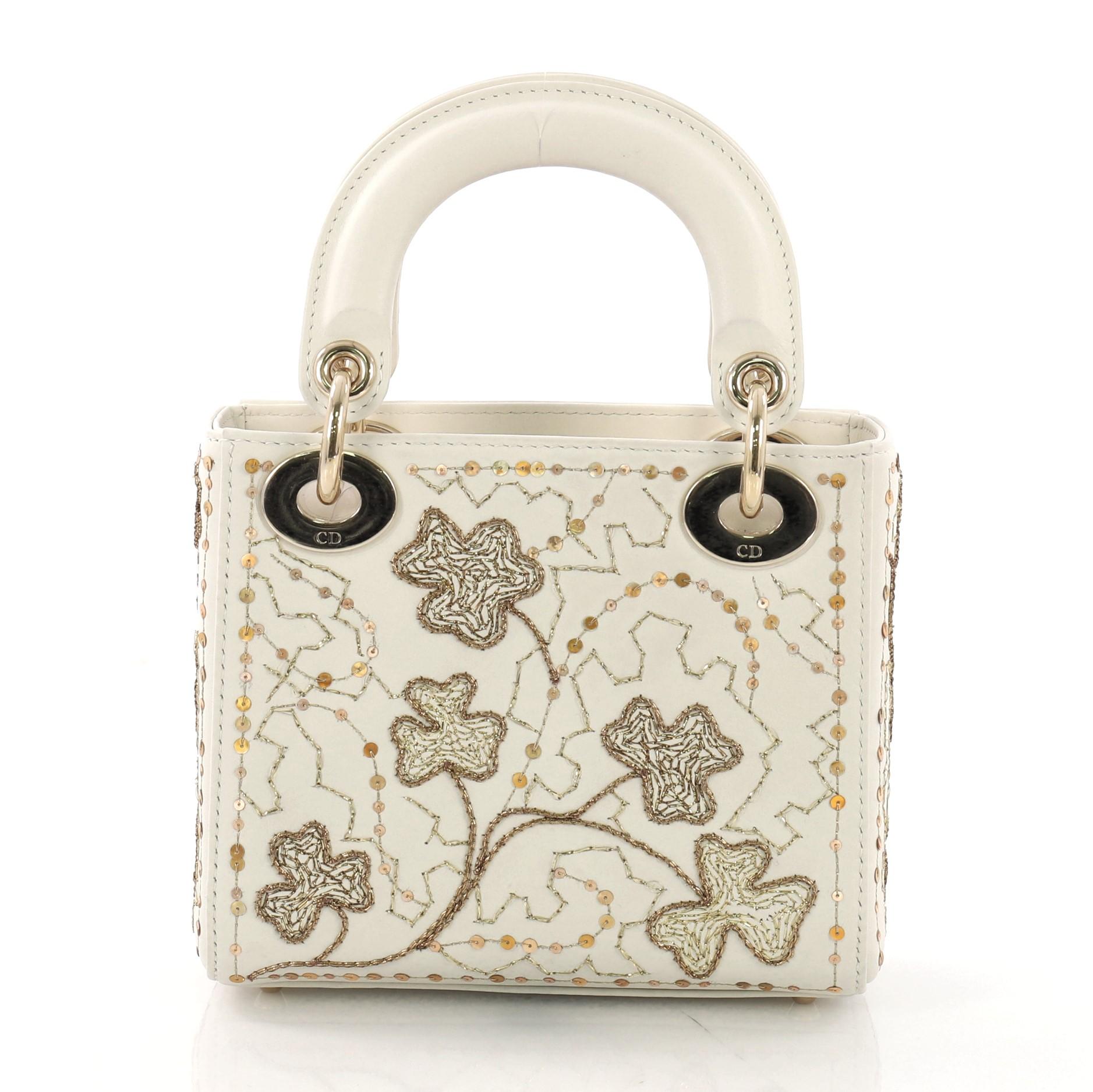 Beige Christian Dior Lady Dior Handbag Embroidered Calfskin Micr