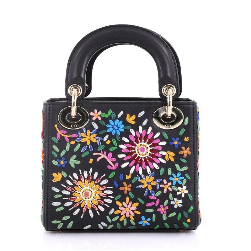 Black Christian Dior Lady Dior Handbag Embroidered Calfskin Mini