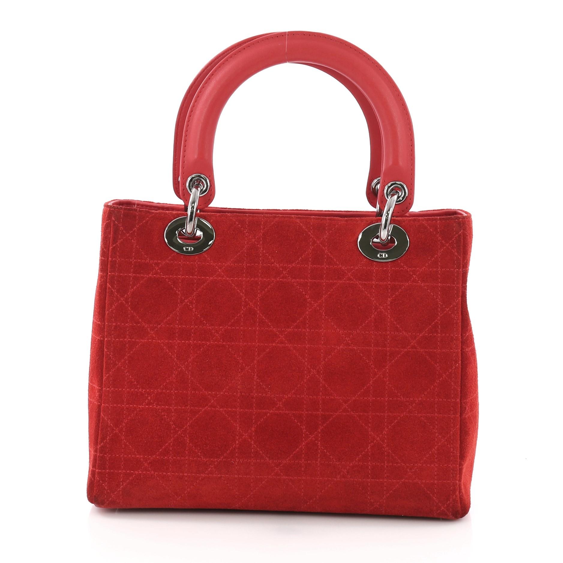 Red Christian Dior Lady Dior Handbag Stitched Cannage Suede Medium