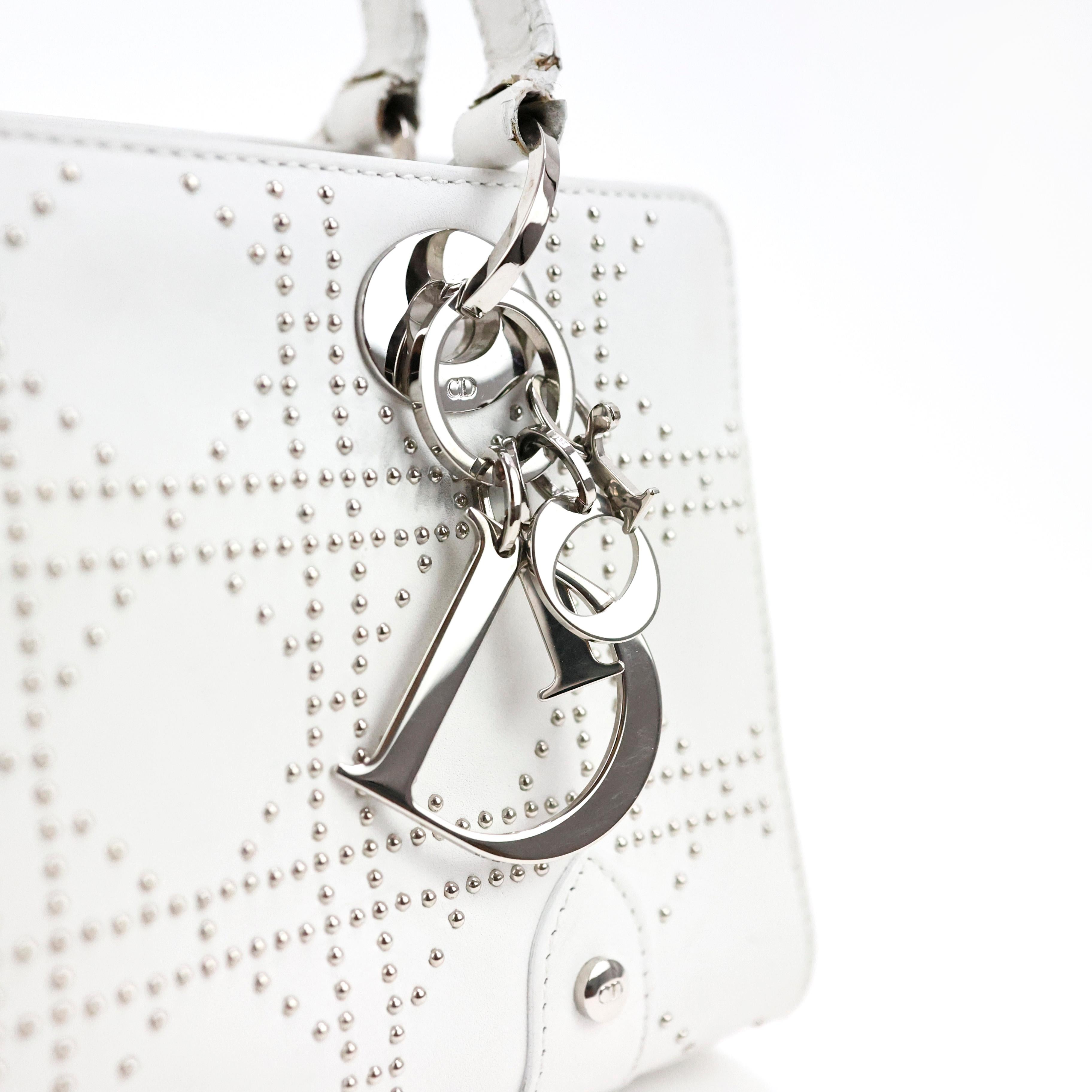 Christian Dior Lady Dior Joy in White Studded Leather In Good Condition For Sale In Bressanone, IT
