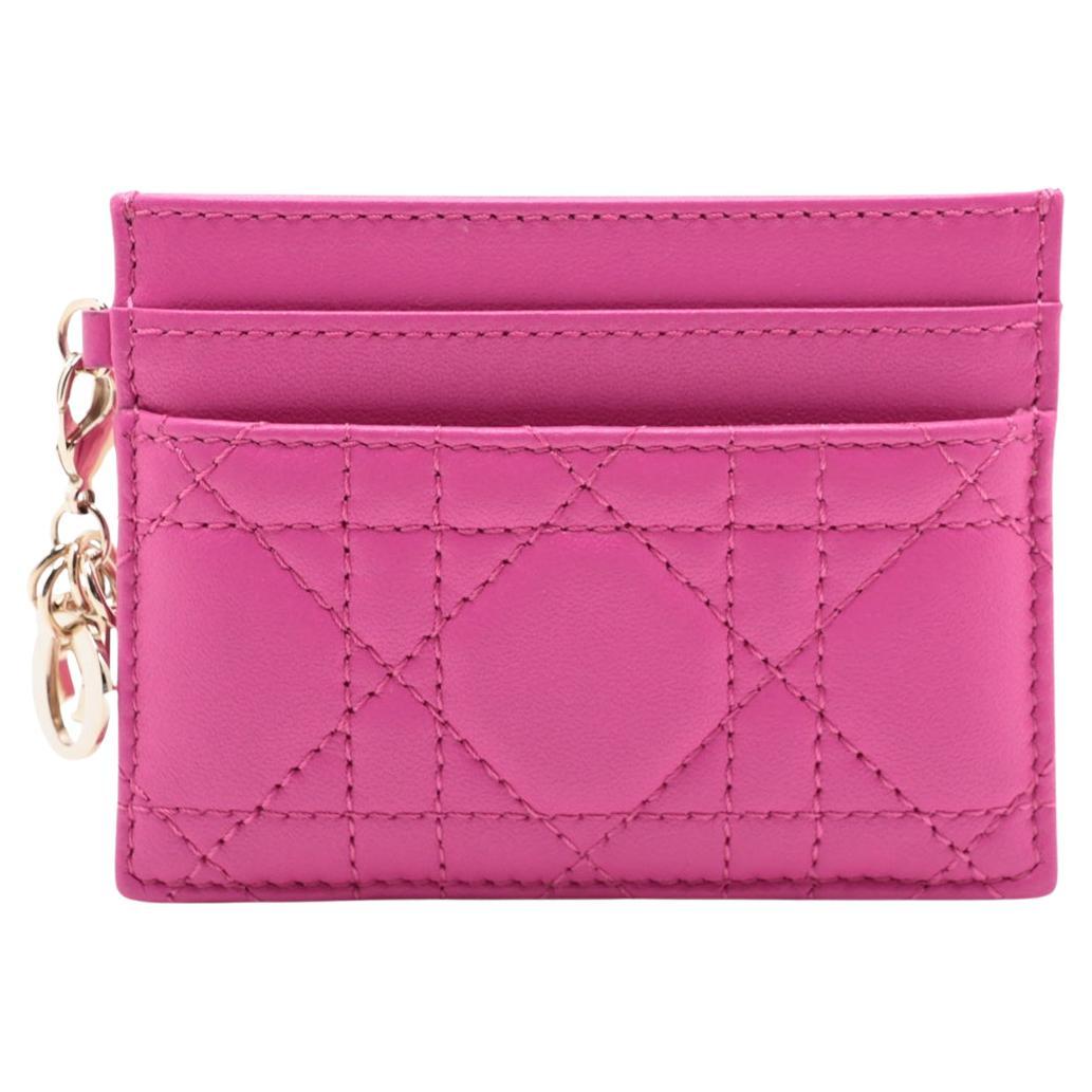 Christian Dior Lady Dior Lambskin Cannage Card Case Fuchsia Pink For Sale