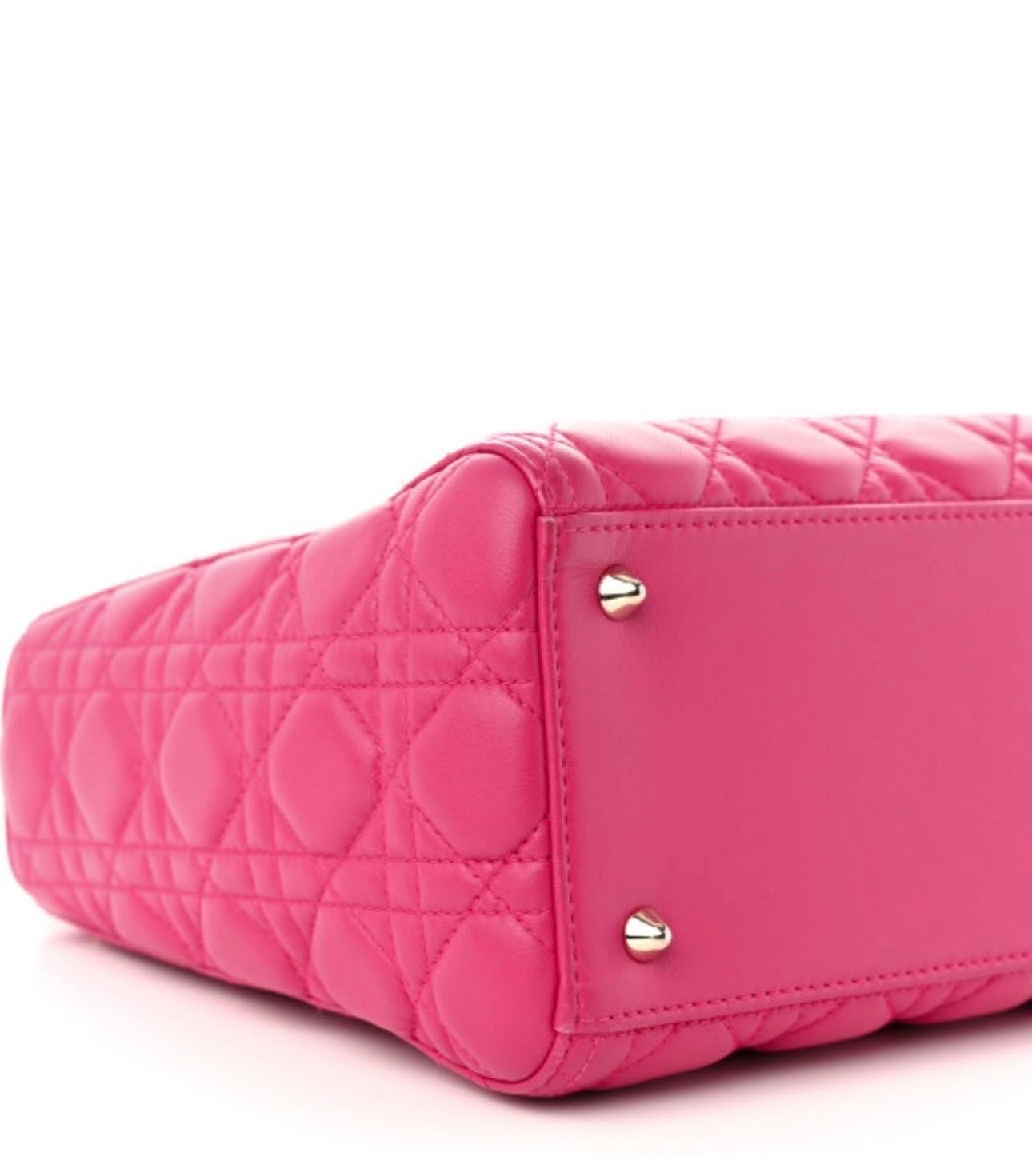 Christian Dior Lady Dior Large Lambskin Hot Pink / Fuschia Handbag, Excellent For Sale 6