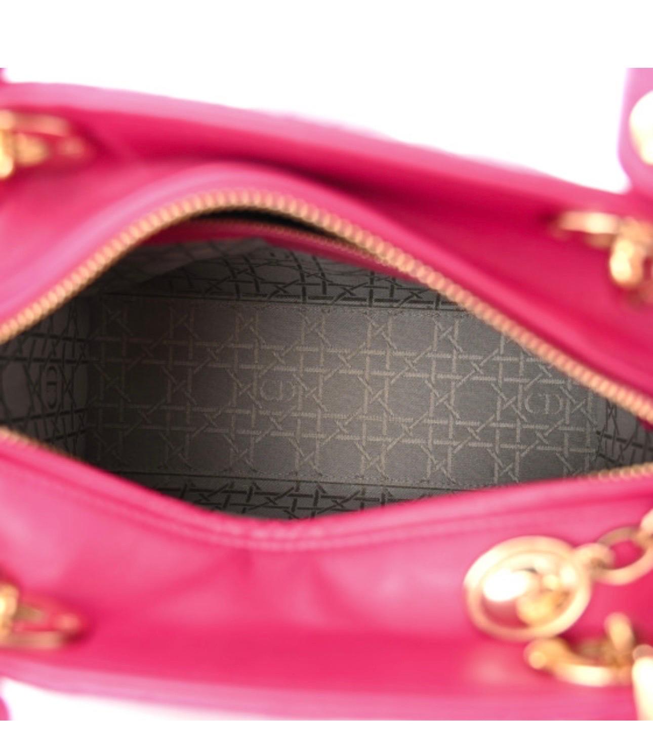 Christian Dior Lady Dior Large Lambskin Hot Pink / Fuschia Handbag, Excellent For Sale 8