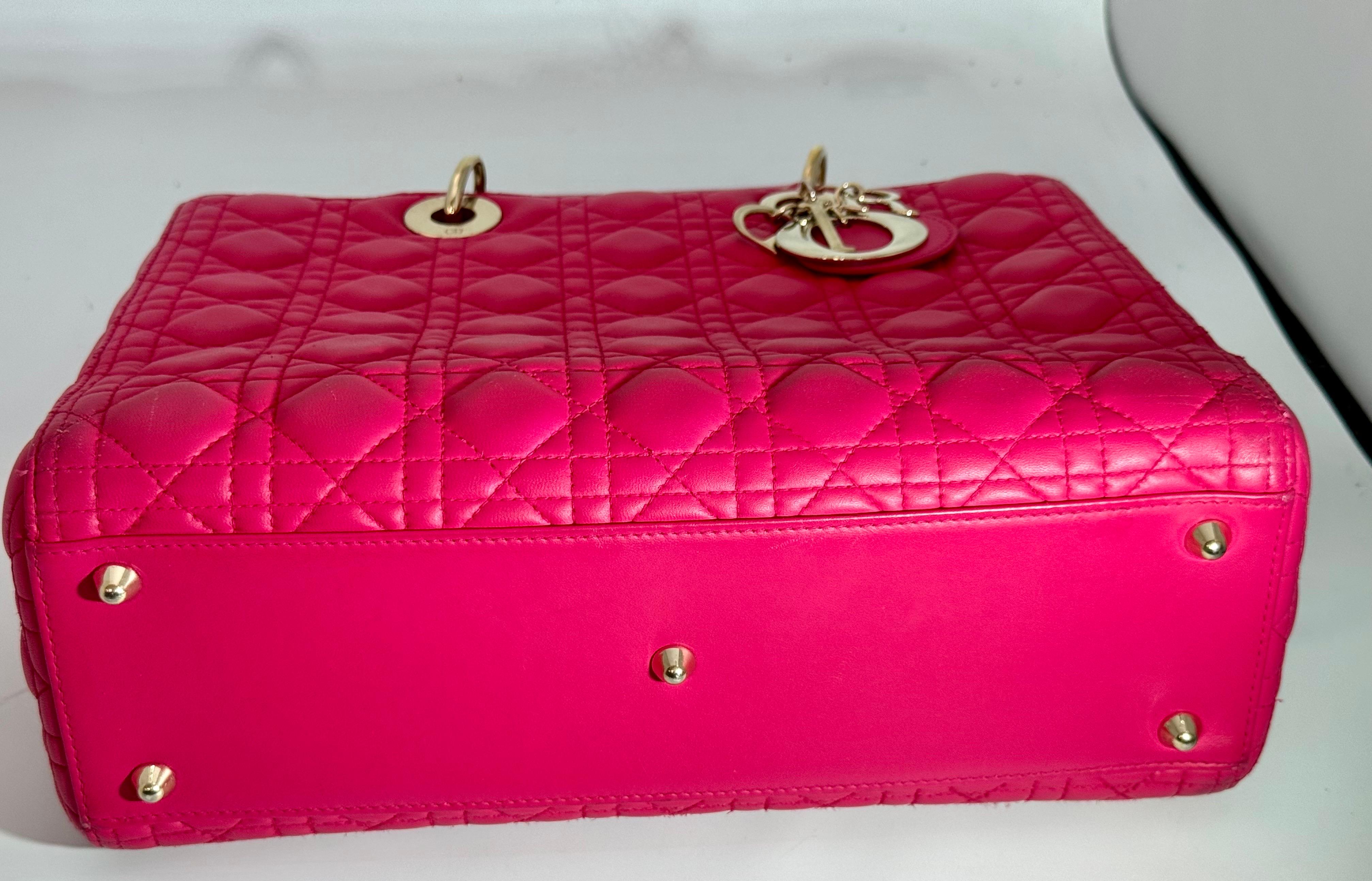 Women's Christian Dior Lady Dior Large Lambskin Hot Pink / Fuschia Handbag, Excellent For Sale