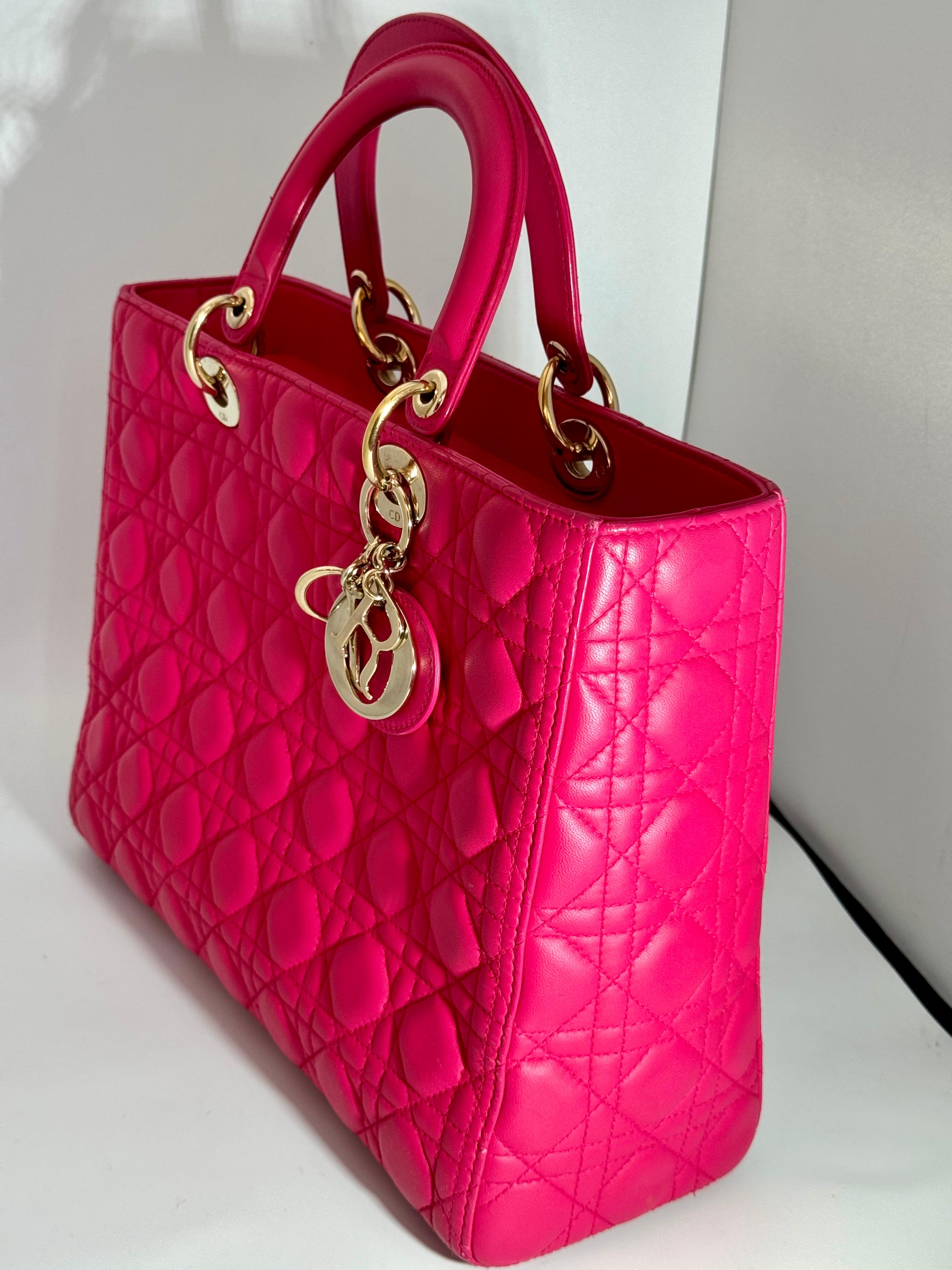 Christian Dior Lady Dior Large Lambskin Hot Pink / Fuschia Handbag, Excellent For Sale 1