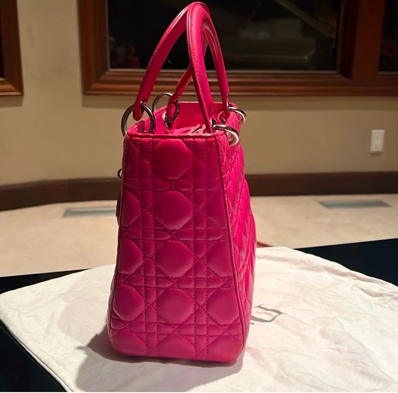 Christian Dior Lady Dior Large Lambskin Hot Pink / Fuschia Handbag, Excellent For Sale 2