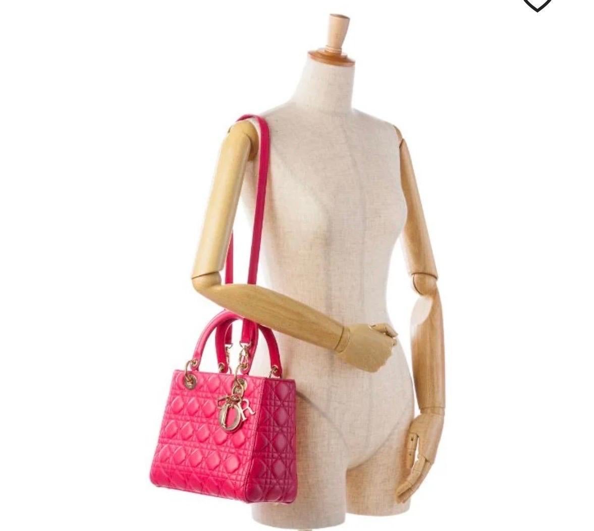 Christian Dior Lady Dior Large Lambskin Hot Pink / Fuschia Handbag, Excellent For Sale 4