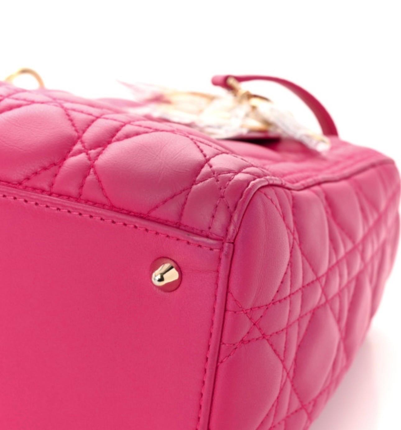 Christian Dior Lady Dior Large Lambskin Hot Pink / Fuschia Handbag, Excellent For Sale 5