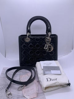 Christian Dior Lady Dior Medium Black Patent Leather Crossbody Tote Shoulder Bag