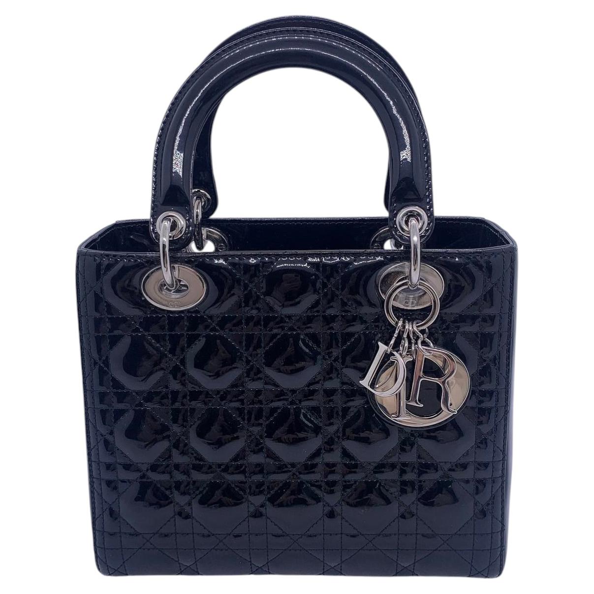 Christian Dior Lady Dior Medium Black Patent Leather Crossbody Tote Shoulder Bag