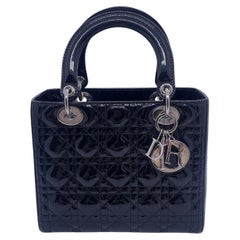 Christian Dior Lady Dior Medium Black Patent Leather Crossbody Tote Shoulder Bag