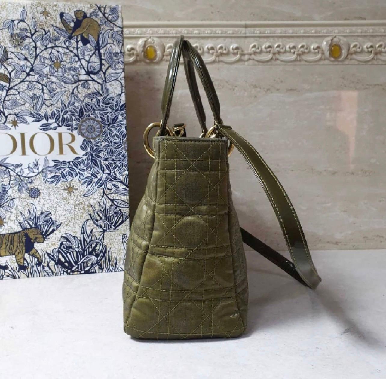 Black Christian Dior Lady Dior Medium Khaki Canvas Bag