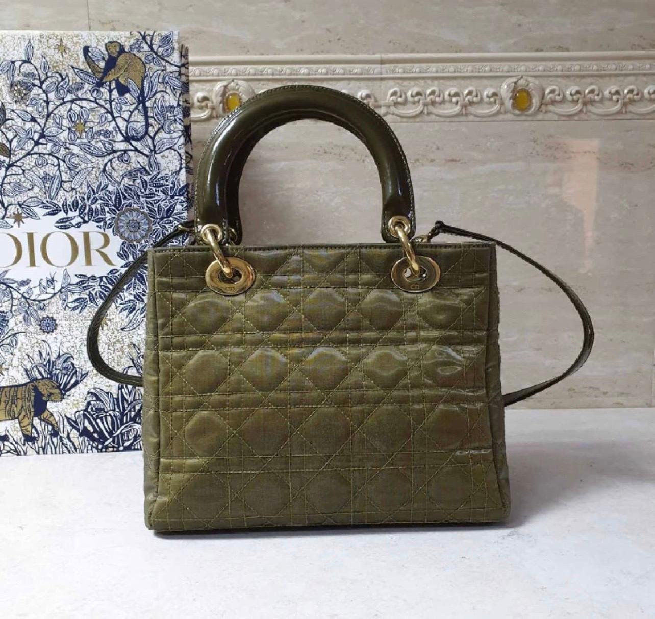 Christian Dior Lady Dior Medium Khaki Canvas Bag In Good Condition In Krakow, PL
