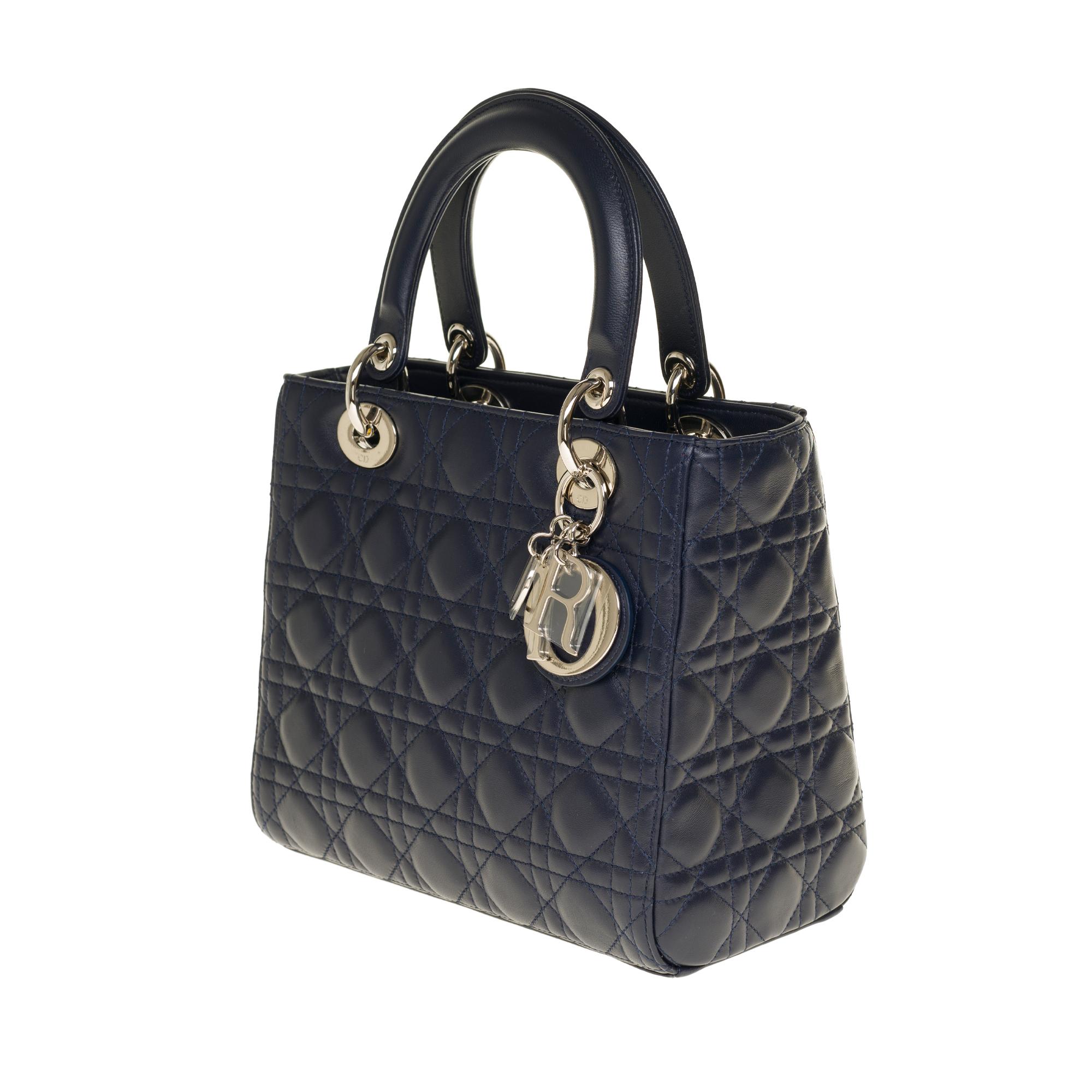Black  Christian Dior Lady Dior Medium size handbag in blue navy cannage leather, PHW