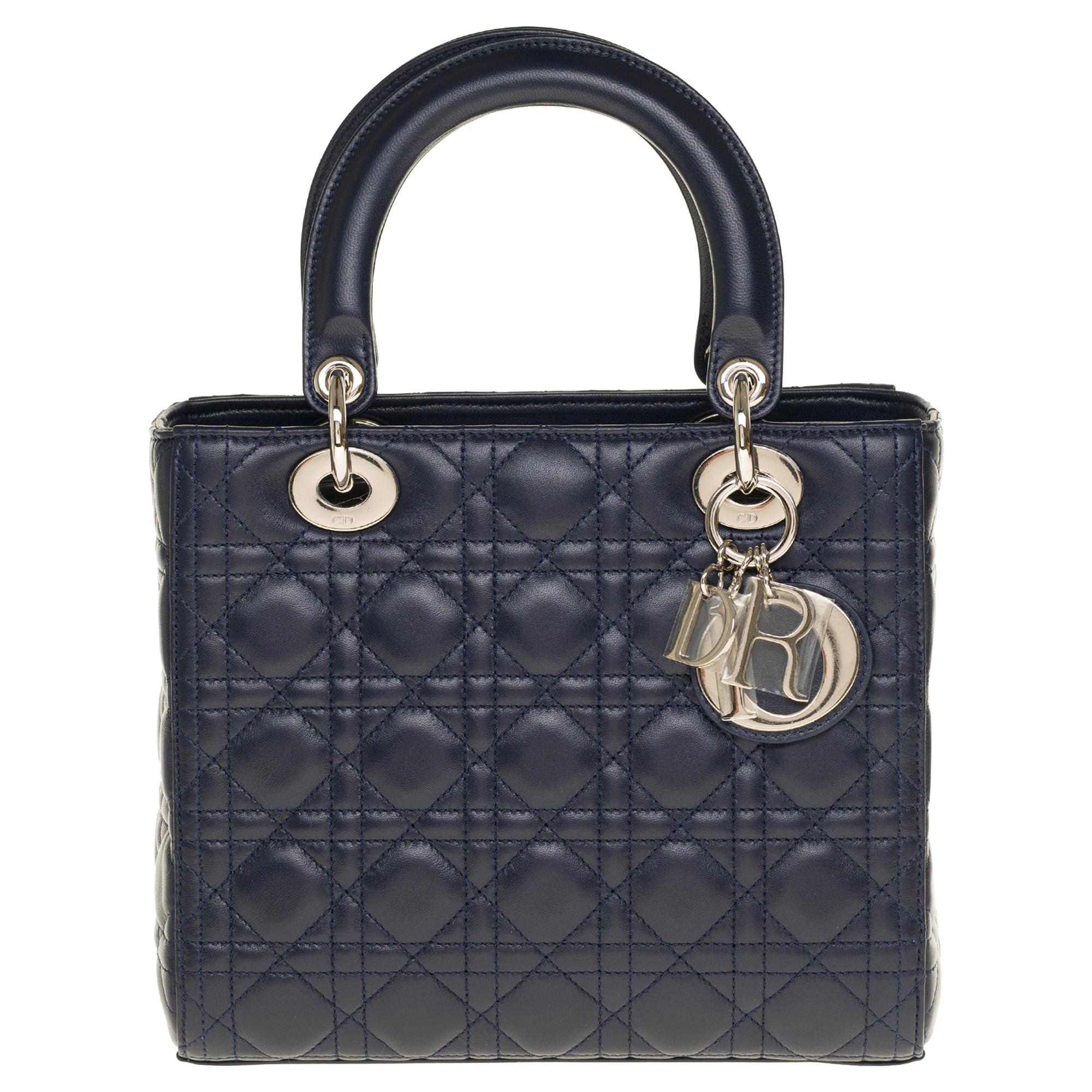 Christian Dior Lady Dior Medium size handbag in blue navy cannage leather, PHW